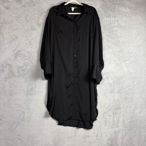 H&M Black Satin Oversized Button Down Shirt Dress Long Sleeve Large Festival